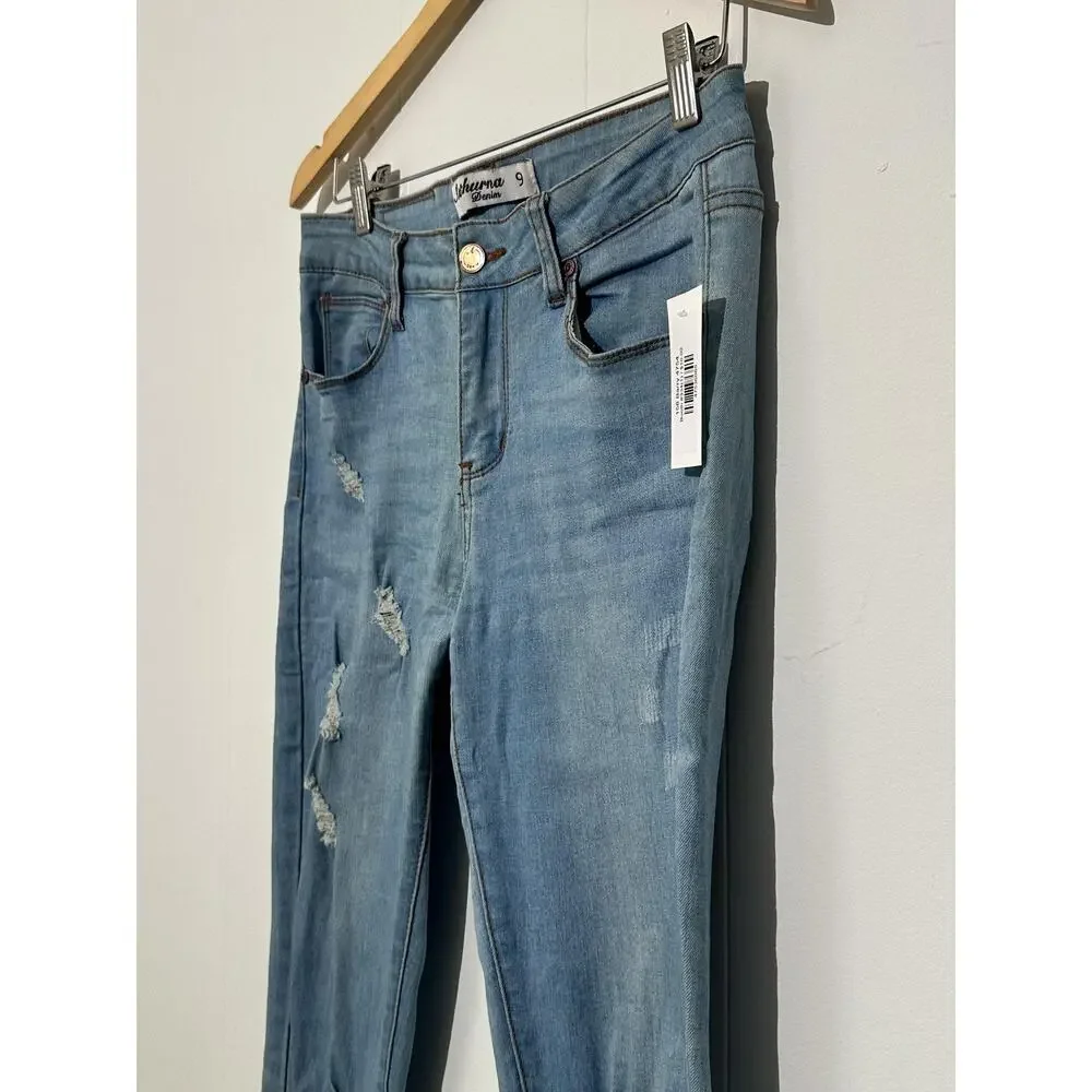 Authurna Denim Jeans Womens 9 Blue Light Wash Distressed‎ Fringe Hem Skinny